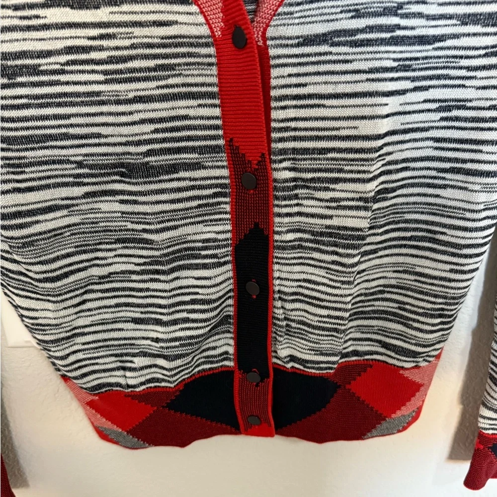 Tory Burch Arielle Cardigan Contrast Trim Navy Blue Red Ivory XS